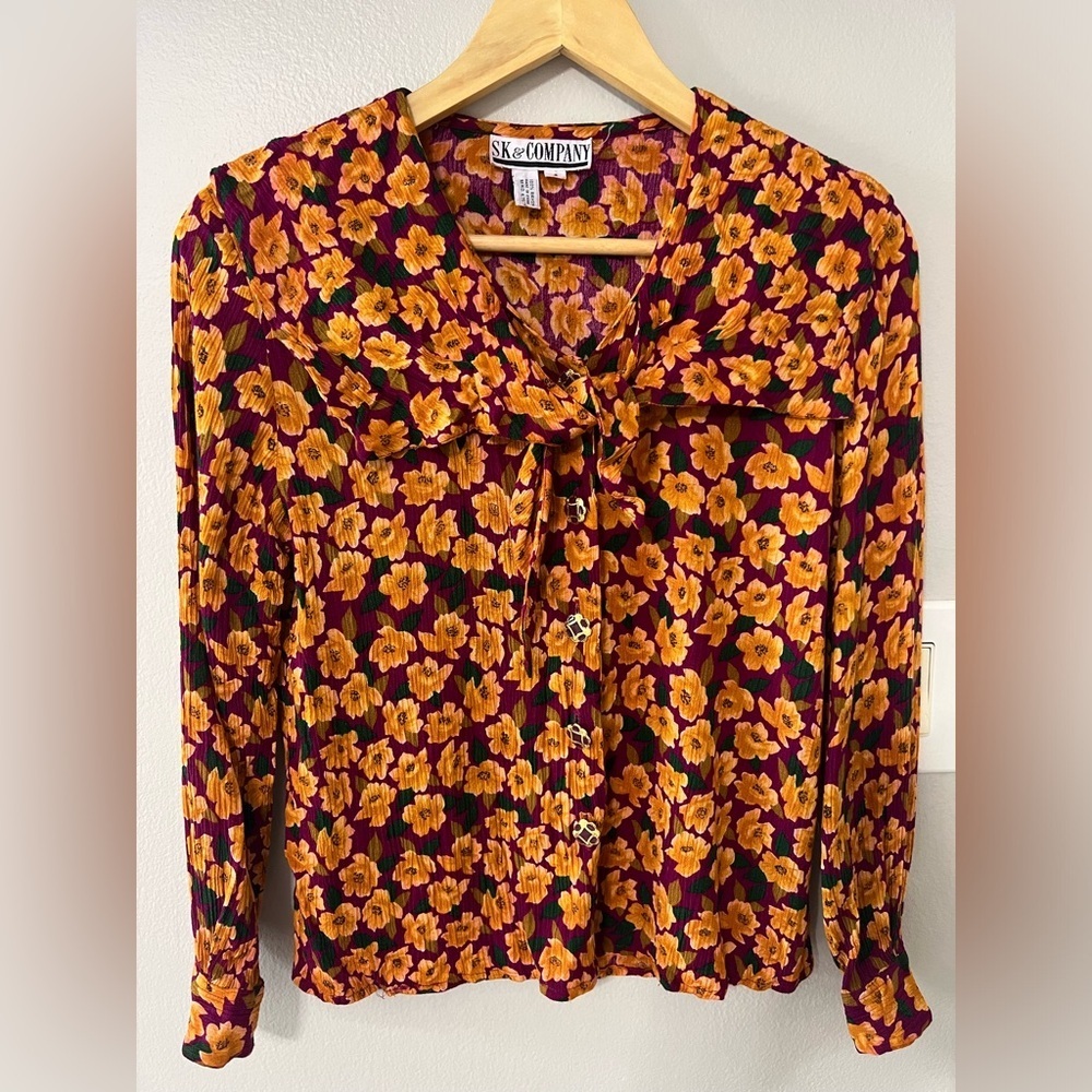 Vintage 90s Floral Blouse | SK & Company | Gold Button Top Shoulder Pads Size S